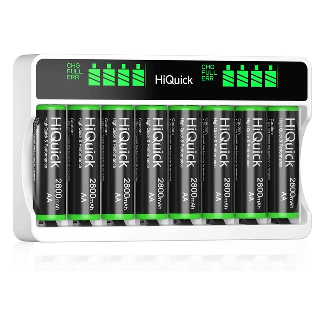 Hiquick 8-Slot AA AAA Battery Charger with Fast Charging Function and LCD Screen - Includes 8 x 2800mAh AA Rechargeable Batteries
