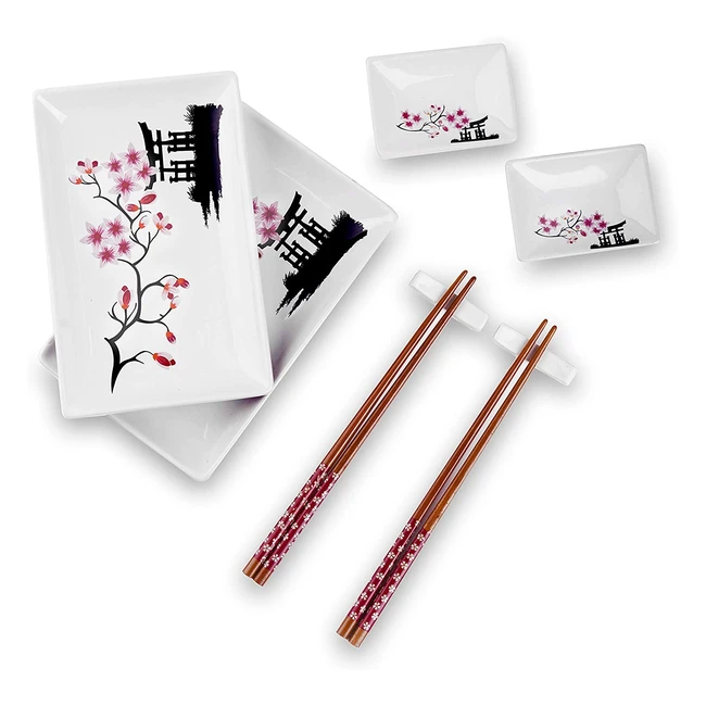 Service à sushi japonais Panbado - Lot de 2 assiettes, 2 baguettes, 2 plateaux, 2 porte-baguettes