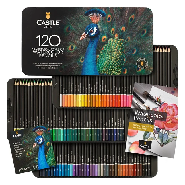 Castle Art Supplies 120 Watercolour Pencils Set - Vibrant Pigments, Draw and Paint at Same Time - for Adult Artists and Professionals - Presentation Tin
