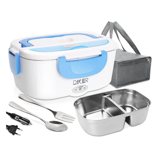 Fiambrera Eléctrica Diker 3 en 1 con Bandeja de Acero Inoxidable - Calienta Comida Rápido - 12V/24V/220V - Azul