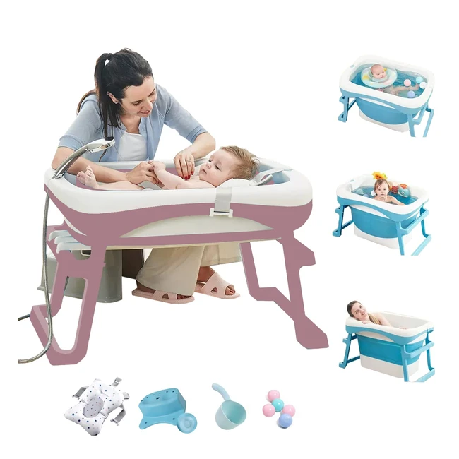 Purple Foldable Baby Bathtub with Stand and Bath Accessories - Comfort for Mothe