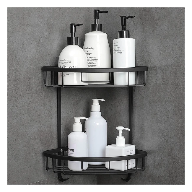 Estantería para baño Hoomtaook sin taladro - 2 niveles negra de aluminio aeronáutico antioxidante con ganchos