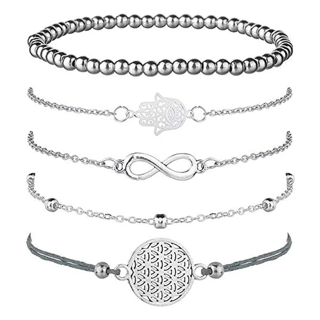 Juego de 5 pulseras de plata para mujer con símbolo de infinito, bolas y cuerda ajustables - JBNIUAY