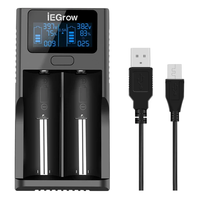 Chargeur de batterie iEGrow 18650 avec écran LCD et port USB pour batteries Li-ion 18650, 26650, 18500, 18350, 17670, 17500, 16340, 14500 et 10440