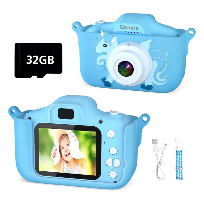 Cocopa Kids Camera - 1080p HD Video Recorder for 3-12 Year Old Boys with 32GB SD Card, Silicone Cover - Blue