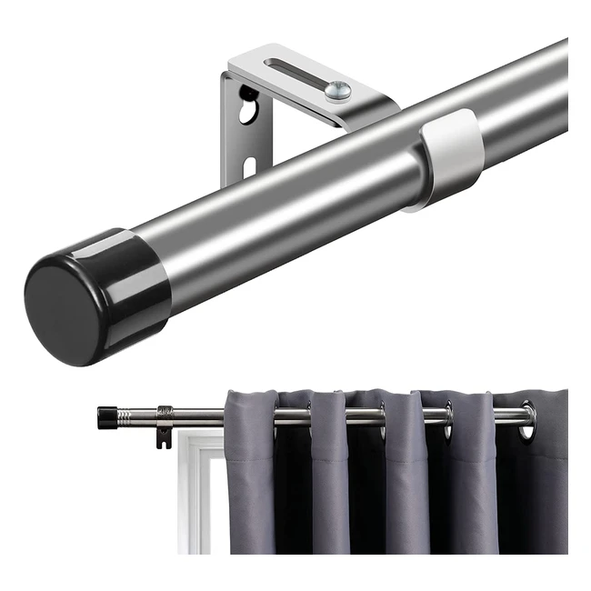 Silver Curtain Rod with Cap Finials - Adjustable 76-238cm - Rustproof Stainless 
