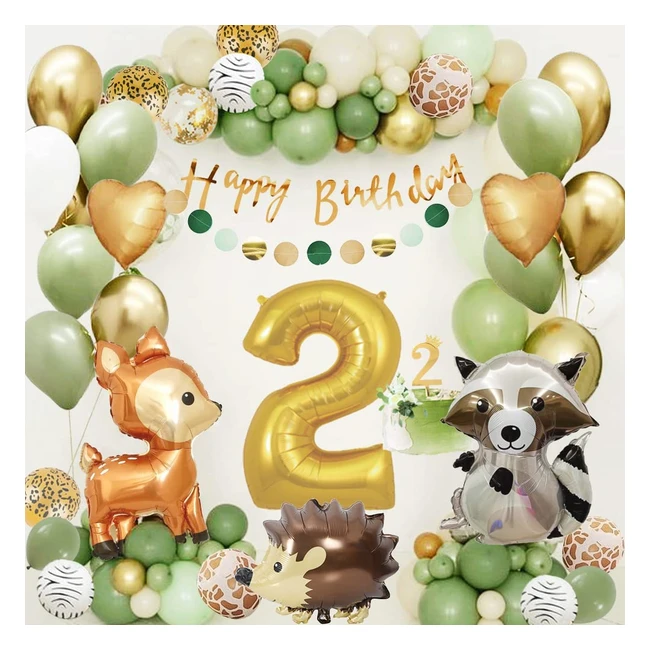 2nd Birthday Decorations Kit - Sage Green Safari Jungle Party Supplies with Foil