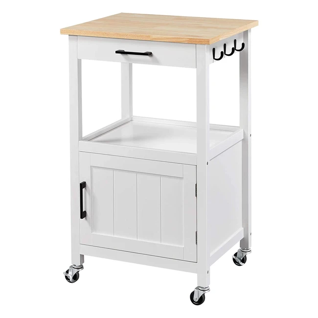 Yaheetech Küchenwagen auf Rollen: Servierwagen mit Schrank und Ablage, Arbeitsplatte aus Holz, Kchentrolley im Landhausstil, wei, 55x45x89cm