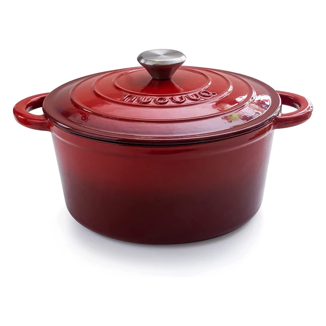 Nuovva Cast Iron Pot with Lid - Nonstick Enamelled Dutch Oven Cookware - Red 4.7L 24cm - Low Maintenance & Versatile Use