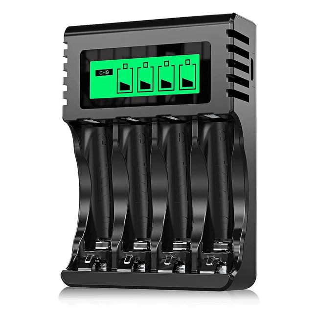 Powerowl 4-Slot AA AAA Battery Charger with LCD Display - Fast Charging, Independent Slots, USB Port - Black