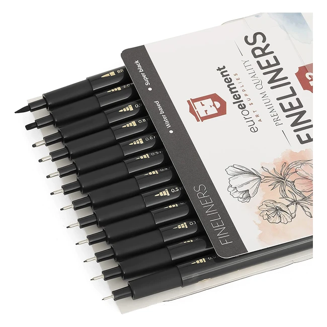 Euroelement Black Fineliner Pens Set - 12 Pack for Technical Drawing, Calligraphy, Sketching, Illustrations