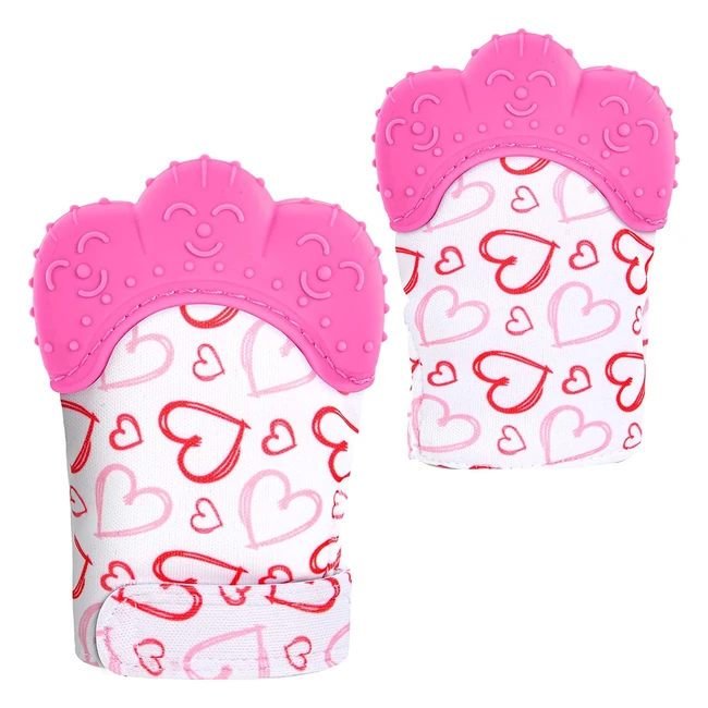 Guanti da dentizione per bambini Vicloon - 2 pezzi con massaggiagengive in silicone cuore rosa