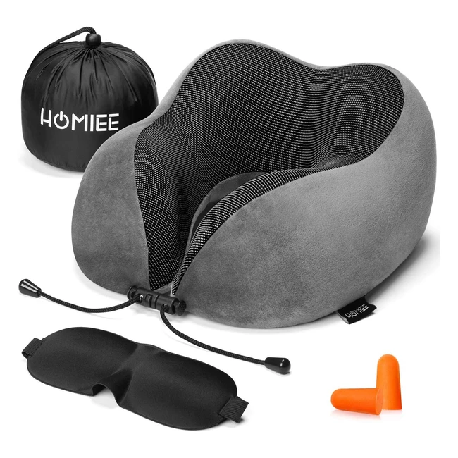 Almohada de Viaje Homiee Viscoelástica con Máscara de Ojos y Tapones para los Oídos - Cómoda y Ergonómica