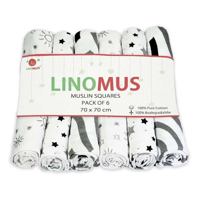 Linomus Muslin Cloths for Baby Pack of 6 - Soft, Absorbent, Breathable 100% Pure Cotton Burp Cloths - Black & Grey Galaxy Theme - 70x70cm