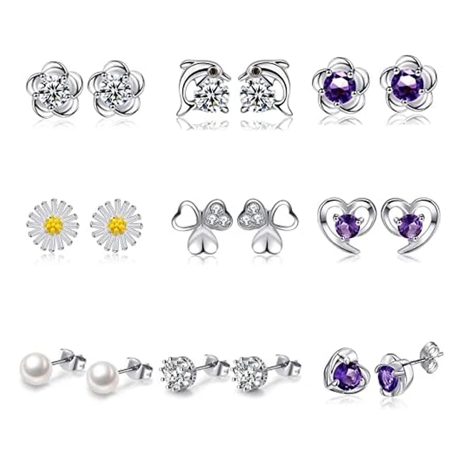 925 Sterling Silver Stud Earrings for Women - Heart Flower Butterfly CZ - Hyp