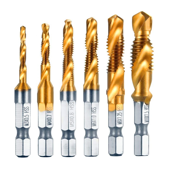 Set 6 punte trapano maschi combinazione attacco esagonale titanio M3456810