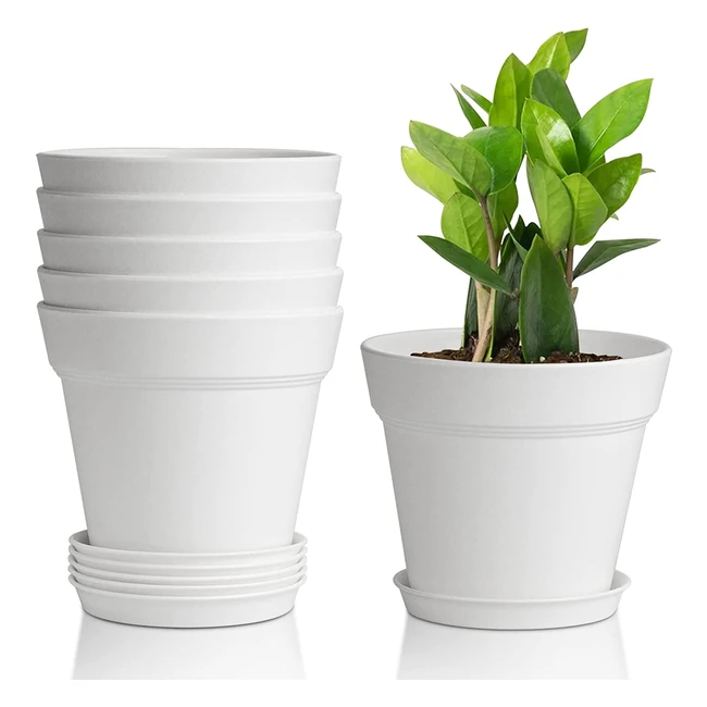 T4U 125cm Plastic Plant Pots 6 Pack - Classic Indoor Outdoor White Pots for Succulent, Snake Plant, Aloe Vera and All House Plants