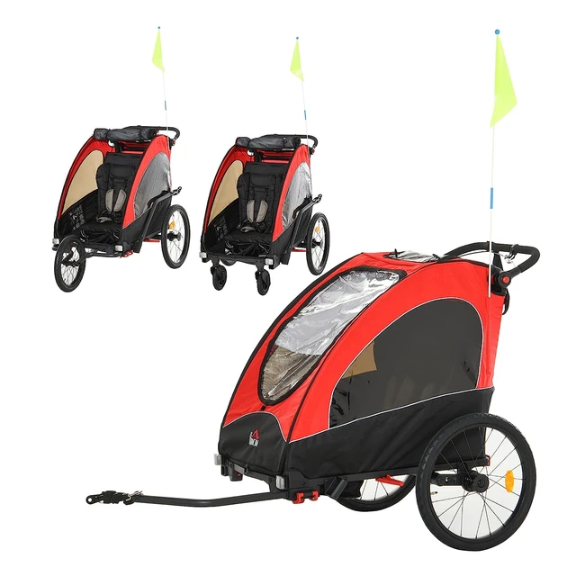 Homcom 3in1 Fahrradanhänger für 2 Kinder mit Flagge, klappbar, sicher und robust