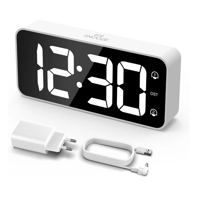 Réveil LED numérique Latec avec adaptateur, luminosité et volume réglables, grand écran, 2 alarmes et fonction snooze - Blanc