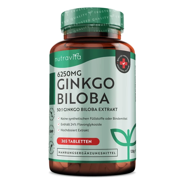 Ginkgo Biloba 6250mg - Premium Qualität - 365 Tabletten - Extrakt 501 - 24 Flavonoglycoside - Vegan - Nutravita