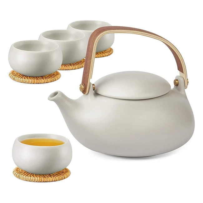 Zen's Ceramic Infuser Teapot - Matte Grey Japanese Tea Set with Bentwood Handle and 4 Cups
