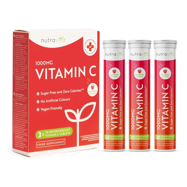 Nutravita Brause Vitamin C 1000mg - 3 Röhrchen à 20 koffeinfreie, zuckerfreie und vegane Brausetabletten mit natürlichem Himbeeraroma