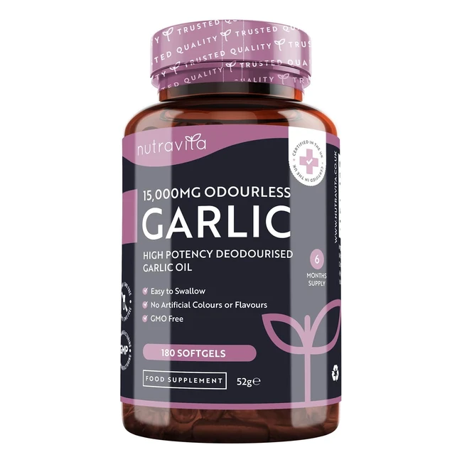 Premium Garlic Capsules - 15000mg, 5001 Extract, 180 Soft Capsules - High Dose & Odourless