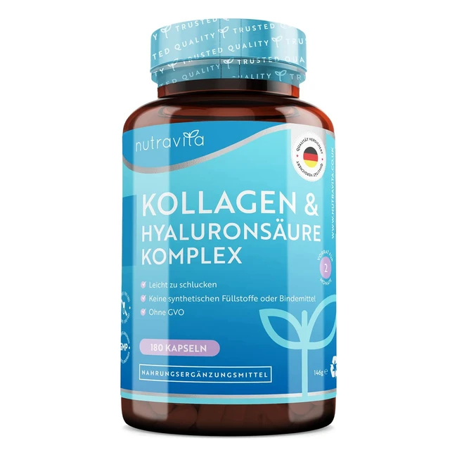 Hyaluronsäure Kollagen Hochdosis-Komplex 180 Kapseln mit 7 Vitaminen, Biotin, Vitamin C, Selen und mehr - Laborgetestet ohne Zusatzstoffe - Made in Germany by Nutravita