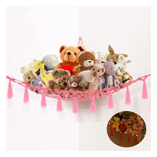 Boho Teddy Hammock for Stuffed Animals - Handmade Macrame Toy Storage Net with L
