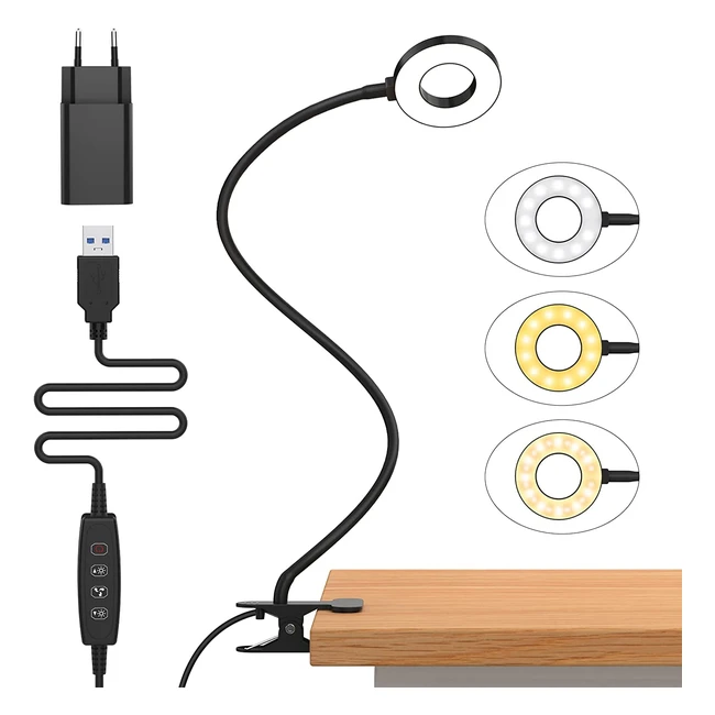 Flexo LED de lectura izell con clip, 3 colores y 10 brillos - Lámpara de mesa regulable con cuello de cisne de 70cm