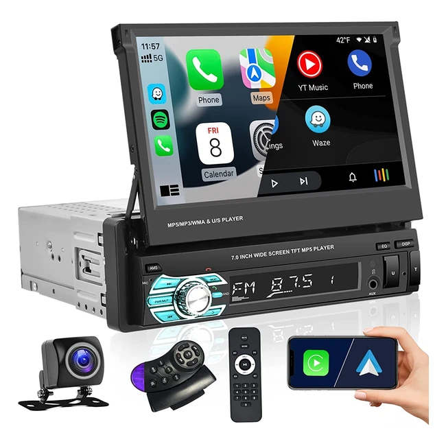 Hikity 7 Inch Touch Screen Car Stereo with Carplay and Android Auto, Bluetooth, AHD Reverse Camera, TF/USB/AUX/SWC, Mirror Link for Android/iOS, Wireless Remote Control
