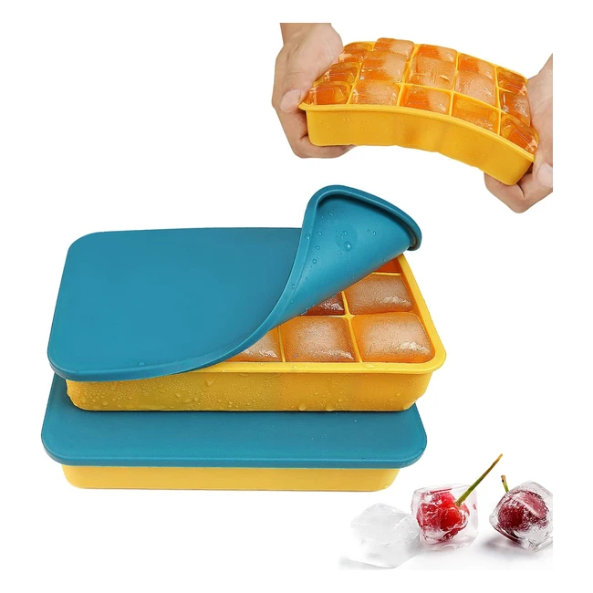 Cubiteras de Silicona Muenfly con Tapa - 2 Unidades, Sin BPA, Fácil Extracción, Apilables, Antiderrames para Bebidas y Alimentos - Azul/Amarillo