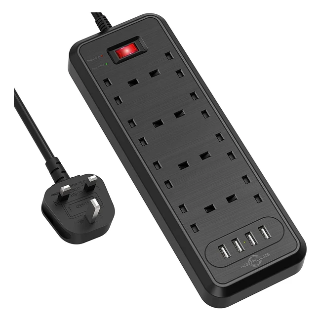8 Way Surge Protected Extension Lead with USB Slots - Keplug, 2m Cable, 1050J, 3250W13A UK Power Socket