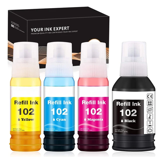 Bouteilles d'encre compatibles iubest 102 pour Epson Ecotank - Noir, Cyan, Magenta, Jaune
