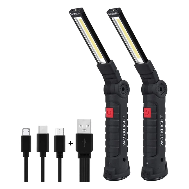 Linterna Taller LED Recargable COB USB con Base Magntica y Gancho Colgante - 2