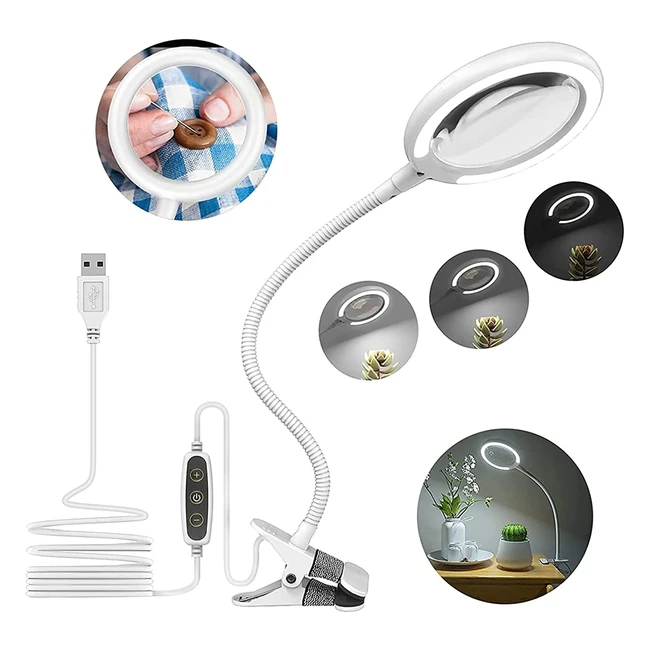 Lampe Loupe 3x avec Pince USB - Lumière du Jour et 6 Réglages d'éclairage - Idéale pour la Lecture, les Travaux Manuels et la Couture