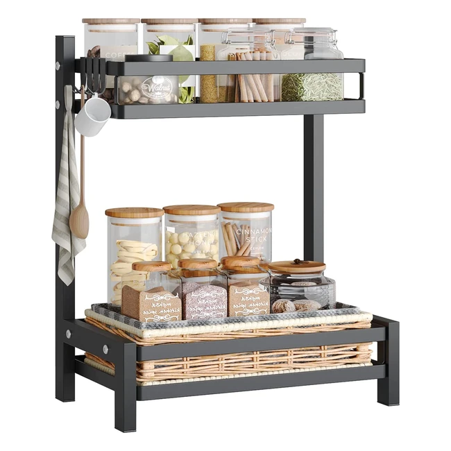 Netel Multifunktionaler Gewürzständer 2 Ebenen Rostfreier Gewürzhalter für Küchenorganisation mit Haken Schwarz 325 x 20 x 40 cm
