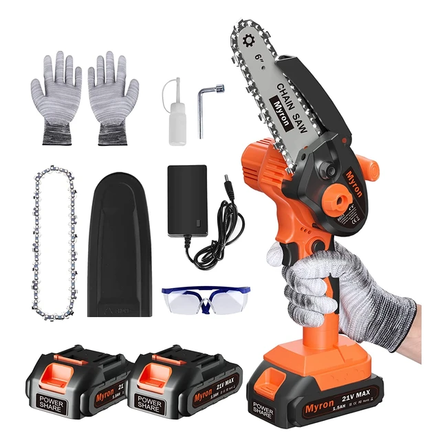 Myron Mini Chainsaw - 6 Inch Cordless Power Chain Saw with 2 Batteries and Safety Lock for Wood Cutting, Tree Trimming, Branch Pruning, Gardening and Camping