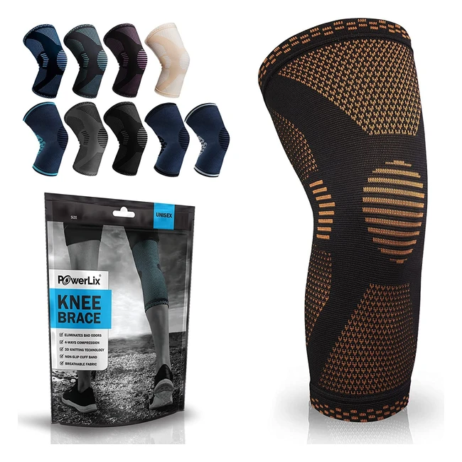 PowerLix Kniebandage für Männer und Frauen - Kompressionsbandage bei Meniskusriss, Arthritis und Schmerzen - für Laufen, Gewichtheben, Basketball, Volleyball - Orange