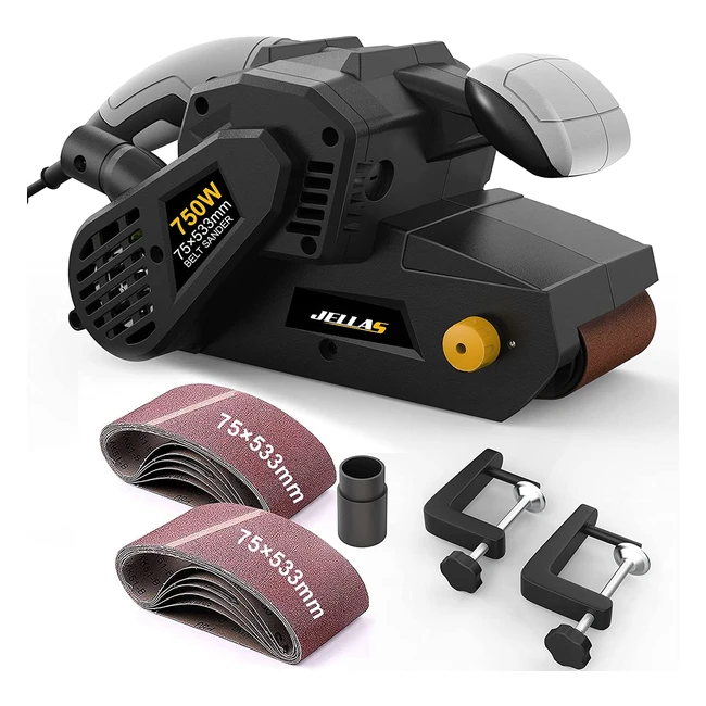 Jellas 750W Belt Sander - 10 Sanding Belts & Dust Bag - Variable Speed Control - 2-in-1 Vacuum Adapter - 10ft Power Cord