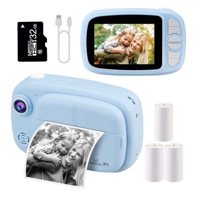 GlobalCrown Instant Camera for Kids - Print Photos, Videos, and More! (4 Rolls of Paper and 32GB Card Included)