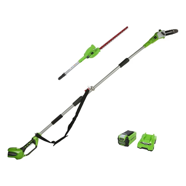 Greenworks G40PSHK2 Cordless Pole Saw and Hedge Trimmer with 20cm Bar and 51cm Dual Action Blades - 40V 2Ah Battery and Charger Included
