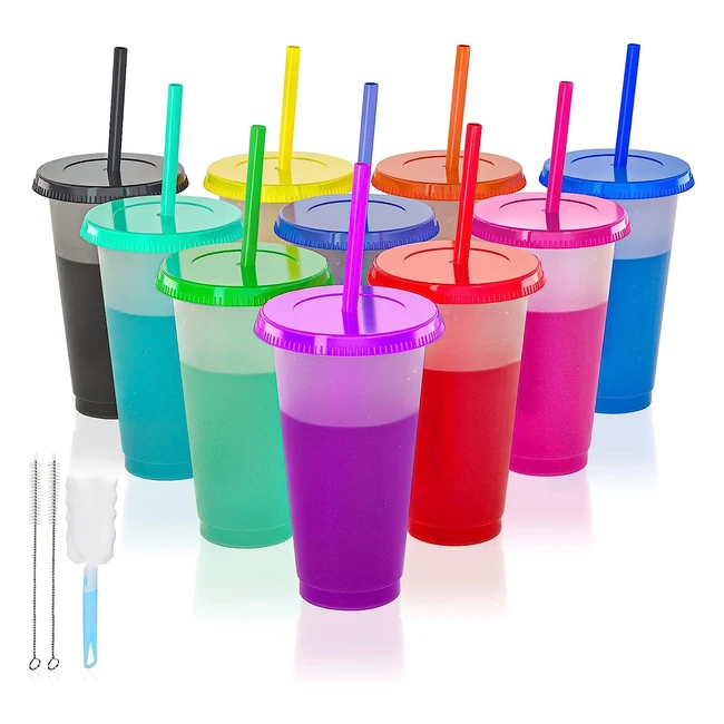 10 Pack Cujim Color Changing Cups - 24oz Travel Iced Coffee Mug Tumbler with Straw Lid - Magic Cold Drink Party Water Cups