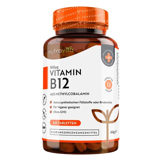 Vegan Vitamin B12 500mcg - 365 Tabletten - Reduziert Müdigkeit - Nutravita