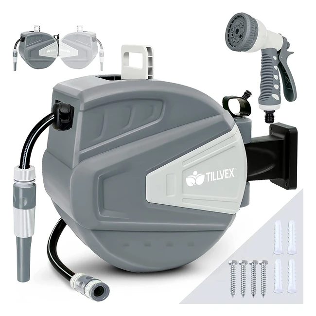 Tillvex Schlauchwagen 30m mit Wandhalterung und Handbrause - automatische Aufrollung, 180° drehbar, grau