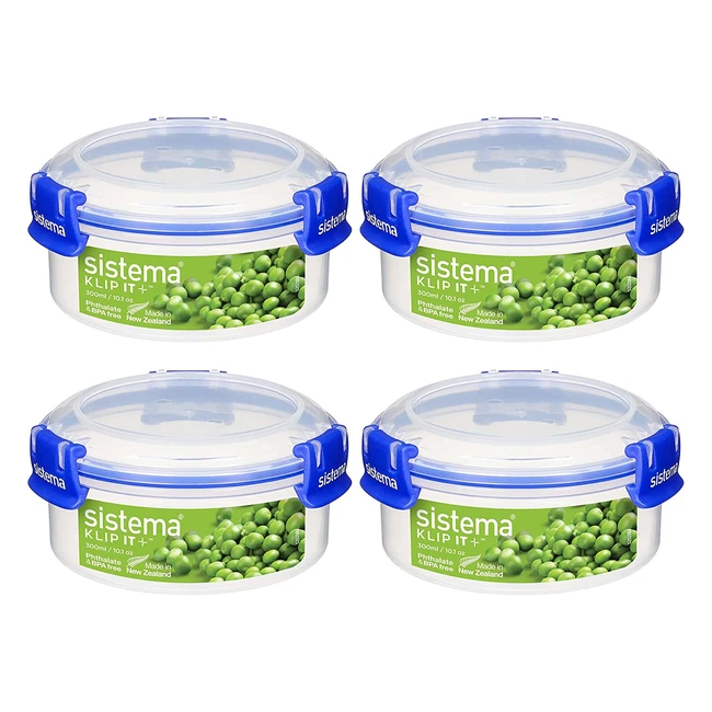 Contenitori per alimenti Klip It Plus, 300 ml, impilabili e a tenuta stagna, senza BPA, clip blu, 4 pezzi