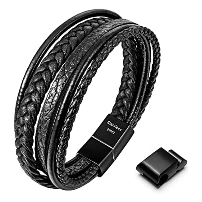 Speroto Men's Leather Bracelet - Adjustable, Multilayer, Magnetic Clasp - Black/Brown - Gift Idea