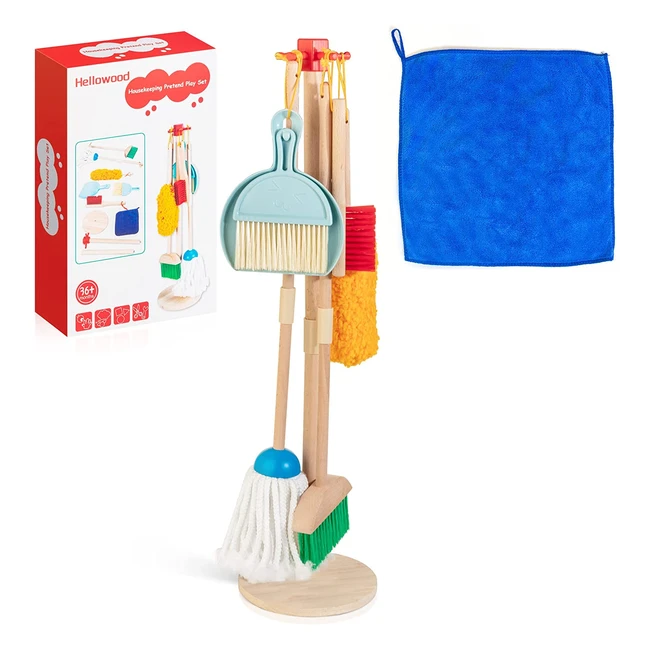Hellowood Kids Cleaning Set - Real Beech Wood - 8pcs Housekeeping Pretend Play - Broom, Mop, Duster, Dustpan, Brushes, Rag, Organizing Stand - Gift for Toddlers Boys Girls Age 3-6