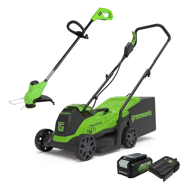 Greenworks Elektrorasenmäher 24V 33cm mit 30L Grasfangbox und kabellosem Rasentrimmer 25cm, Akku 4Ah und Ladegerät - GD24LM33LT25K4