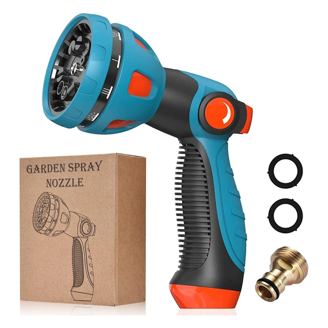 Heavy Duty Garden Hose Nozzle - 10 Adjustable Spray Patterns - High Pressure Spray Gun for Lawns, Cars, and Pets - Rustproof Metal Construction - Red
